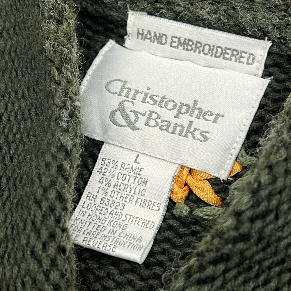 Christopher & Banks Sweater Women's Large Green Floral Hand Embroidered Cardigan - Picture 3 of 11